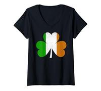 Women's Shamrock Leaf Ireland Irish Tricolour Flag St Patrick's Day V-Neck T-Shirt