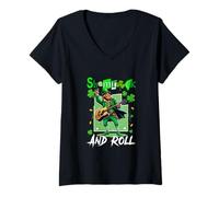 Women's Shamrock Patrick's Day Rock Lover Irish Man Playing Guitar V-Neck T-Shirt
