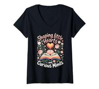 Women's Shaping Little Hearts and Curious Minds Preschool Teacher V-Neck T-Shirt