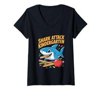 Womens Shark Attack Kindergarten Back to School First Day V-Neck T-Shirt