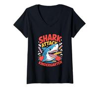 Womens Shark Attack Kindergarten Cute Back to School V-Neck T-Shirt