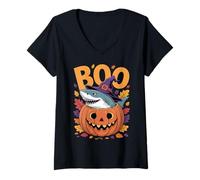 Womens Shark Costume on Pumpkin Halloween Great White Shark V-Neck T-Shirt