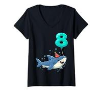 Women's Shark Eight 8yr 8th Birthday Ocean 8 Year Old Birthday Boy V-Neck T-Shirt