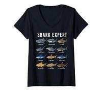 Women's Shark Expert Chart Kids Boys Men Ocean Species V-Neck T-Shirt