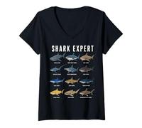 Women's Shark Expert Chart Kids Boys Men Ocean Species V-Neck T-Shirt