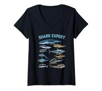 Womens Shark Expert Guide Featuring 12 Species Whale to Hammerhead V-Neck T-Shirt