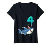 Women's Shark Four 4yr 4th Birthday Ocean 4 Year Old Birthday Boy V-Neck T-Shirt