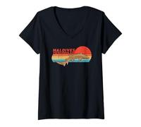 Womens Shark Fuvahmulah Maldives Retro Sunset V-Neck T-Shirt