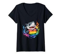 Womens Shark Holding Heart Rainbow Flag Proud LGBT Supporter Lover V-Neck T-Shirt