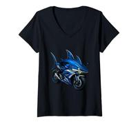 Womens Shark Inspired Blue Racing Motorcycle Art V-Neck T-Shirt