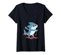 Womens Shark On Skis Cozy Winter Alpine Slopes Cartoon V-Neck T-Shirt