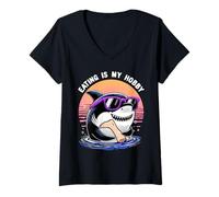 Womens Shark Shirt Eating Is My Hobby Great White Shark Biologist V-Neck T-Shirt