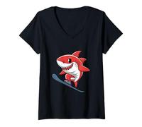 Womens Shark Snowboarder Cartoon Winter Action Sports V-Neck T-Shirt