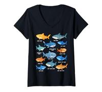Womens Shark Species Cute Shark Faces Type Marine Biology Kids Boys V-Neck T-Shirt