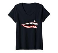 Womens Shark Teeth Nose Art Warhawk P-40 A-10 Warthog WAR Plane V-Neck T-Shirt