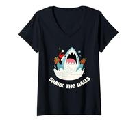 Womens Shark The Halls Hilarious Christmas Pun with Festive Twist V-Neck T-Shirt