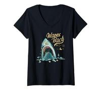 Women's Shark Waves Back Ocean Surfing Beach Summer Funny V-Neck T-Shirt