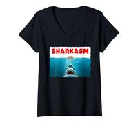 Womens Sharkasm Funny Marine Biology Biologist Vintage Shark Pun V-Neck T-Shirt