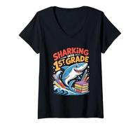 Womens Sharking Into 1st Grade Back to School Shark V-Neck T-Shirt