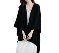 Women's Shawl Wrap Plus Size Cardigan 100% Merino Wool Poncho Cape Fall Winter Open Sweater Coat, Black, One size