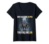 Womens She Calls Me Alpha You Call Me Sir Funny Alpha Wolf Meme V-Neck T-Shirt
