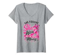 Women's She Fought The Fight She Won Breast Cancer Awareness Women V-Neck T-Shirt