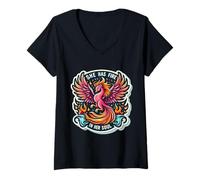 Womens She Has Fire In Her Soul Womens Phoenix Feminine Fire Bird V-Neck T-Shirt