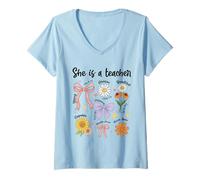 Womens She is A Teacher Christian Floral Coquette Bow Teaching Life V-Neck T-Shirt