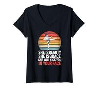 Women's She is Beauty She is Grace She Will Kick You in Your Face V-Neck T-Shirt