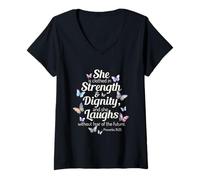Womens She is Clothed in Strength Dignity Cute Butterfly Religious V-Neck T-Shirt