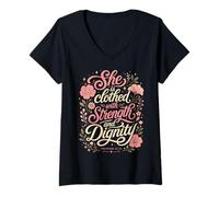 Women's She is Clothed with Strength and Dignity Bible Proverbs V-Neck T-Shirt