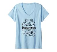 Womens She is Clothed with Strength - Bible Verse Christian Women V-Neck T-Shirt