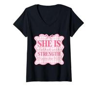 Womens She Is Clothed With Strength Girly Bible Verse Christian V-Neck T-Shirt