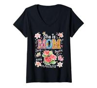 Women's She is Mom Floral Cute Mama Mother’s Day Flower Graphic V-Neck T-Shirt