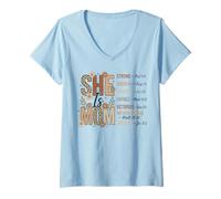 Women's She is Mom Leopard Floral Bible Verse Scripture V-Neck T-Shirt
