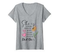 Womens She Is Strong Fearless Warm Loving Patient Selfless Mom V-Neck T-Shirt