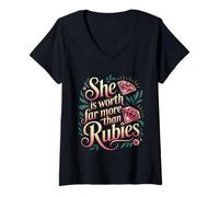 Womens She is Worth Far More Than Rubies Christian Women V-Neck T-Shirt