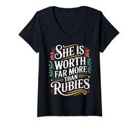 Womens She is Worth Far More Than Rubies Christian Women |- V-Neck T-Shirt