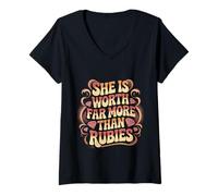 Womens She is Worth Far More Than Rubies Christian Women - V-Neck T-Shirt