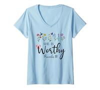 Womens She is Worthy Proverbs 31 Christian Bible Verse God Quote V-Neck T-Shirt