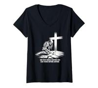 Womens She Kneels Before God Skeleton Cross Faith Art V-Neck T-Shirt