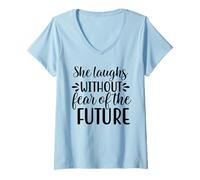 Womens She Laughs Without Fear Faith Motivation Christian Wife Mom V-Neck T-Shirt