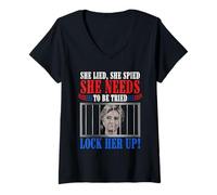 Women's She Lied She Spied She Needs to Be Tried Lock Her Up Hillary V-Neck T-Shirt