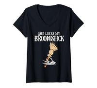 Womens She Likes My Broomstick Couples Pumpkins Skeleton Halloween V-Neck T-Shirt