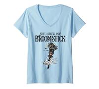 Womens She Likes My Broomstick I Like Her Pumpkins Couple Halloween V-Neck T-Shirt