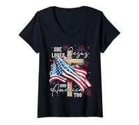 Womens She loves Jesus and America too American Patriotic USA Flag V-Neck T-Shirt