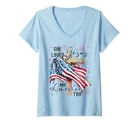 Womens She loves Jesus and America too American Patriotic USA Flag V-Neck T-Shirt