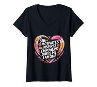 Womens She Motivates Inspires Empowers She is Me I Am She - V-Neck T-Shirt