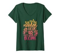 Women's She Needed a Hero so That's What she Became V-Neck T-Shirt, Dark Green, Medium