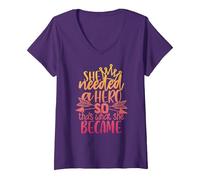 Women's She Needed a Hero so That's What she Became V-Neck T-Shirt, Purple, Medium